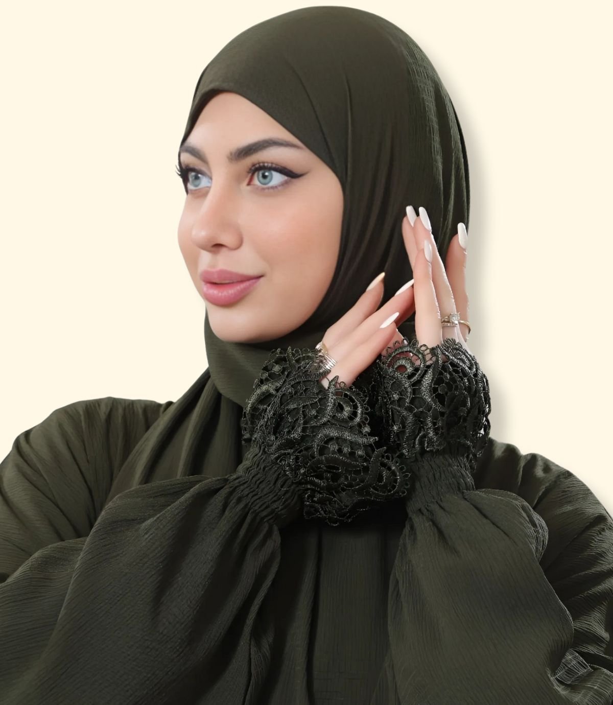 عباية كريب مع أكمام دنتيل عريض - الصورة 2