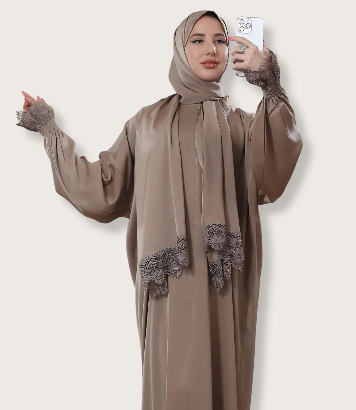 عباية ساتان مع أكمام دنتيل عريض - الصورة 8