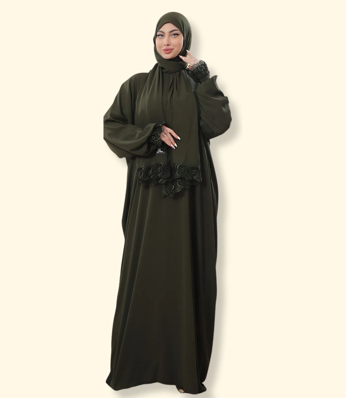 عباية كريب مع أكمام دنتيل عريض - الصورة 3