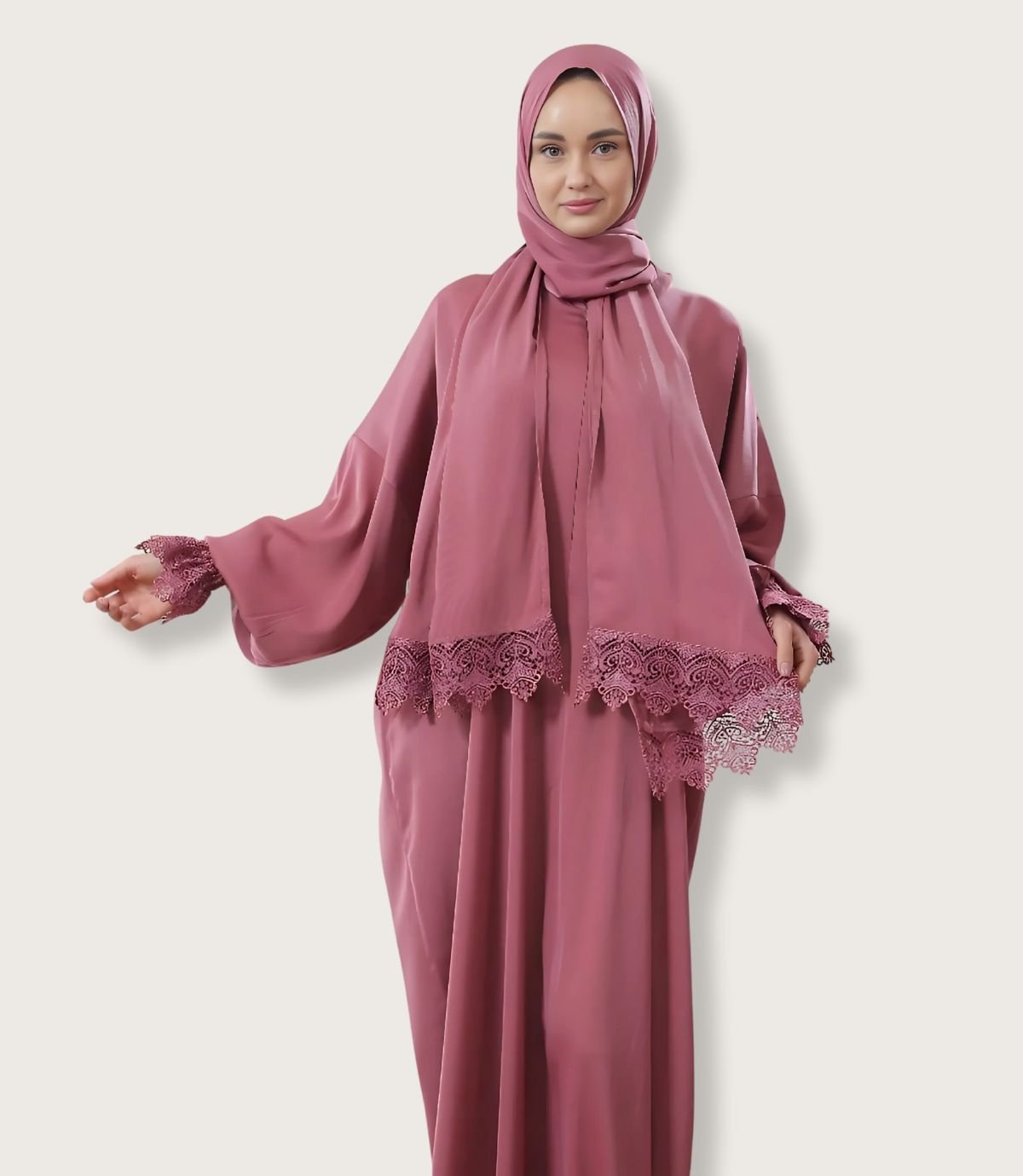 عباية ساتان مع أكمام دنتيل عريض - الصورة 6