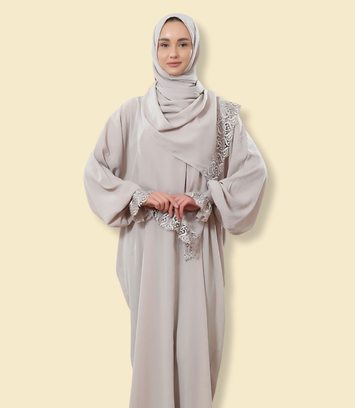 عباية كريب مع أكمام دنتيل عريض - الصورة 15