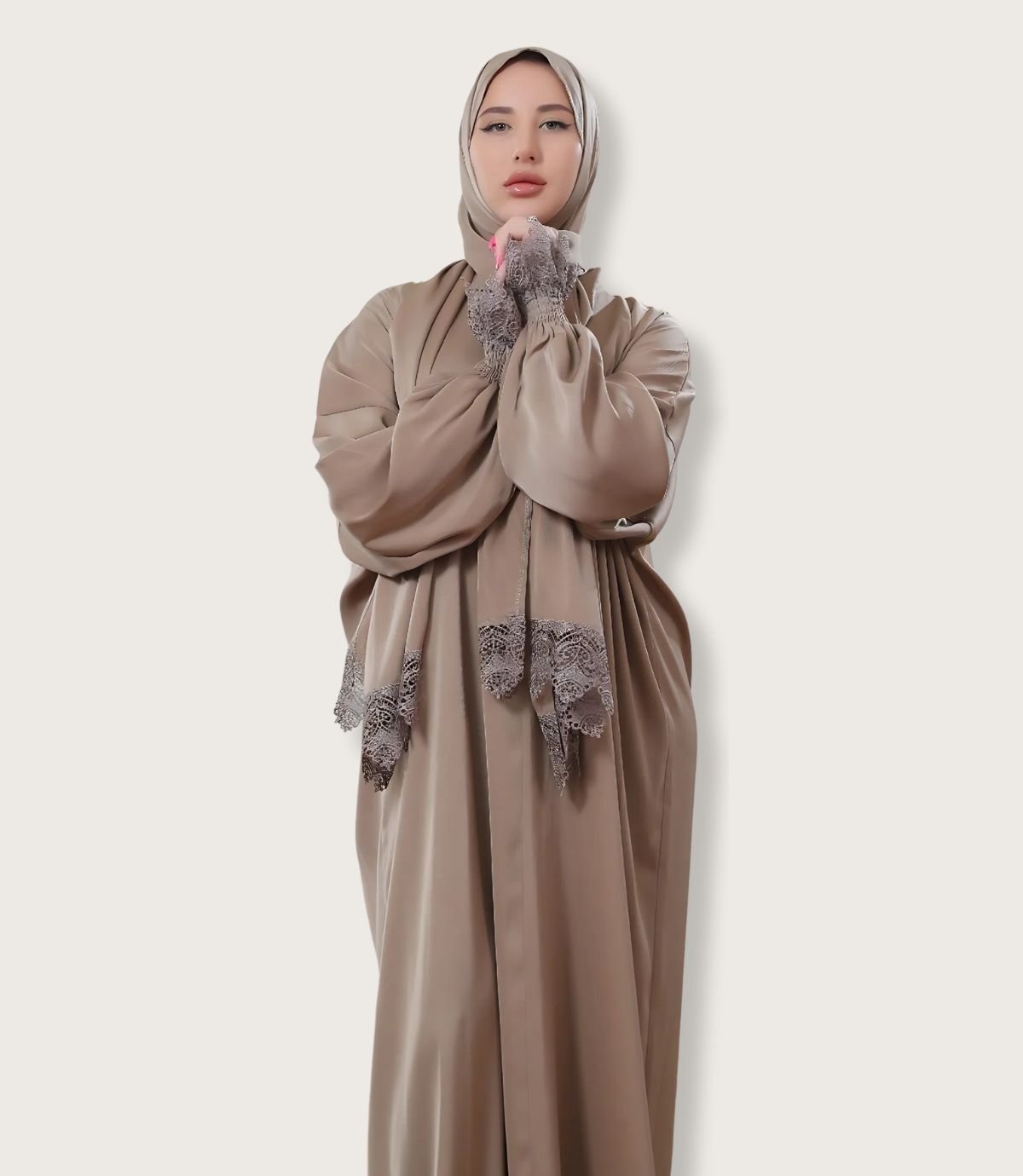 عباية ساتان مع أكمام دنتيل عريض - الصورة 9