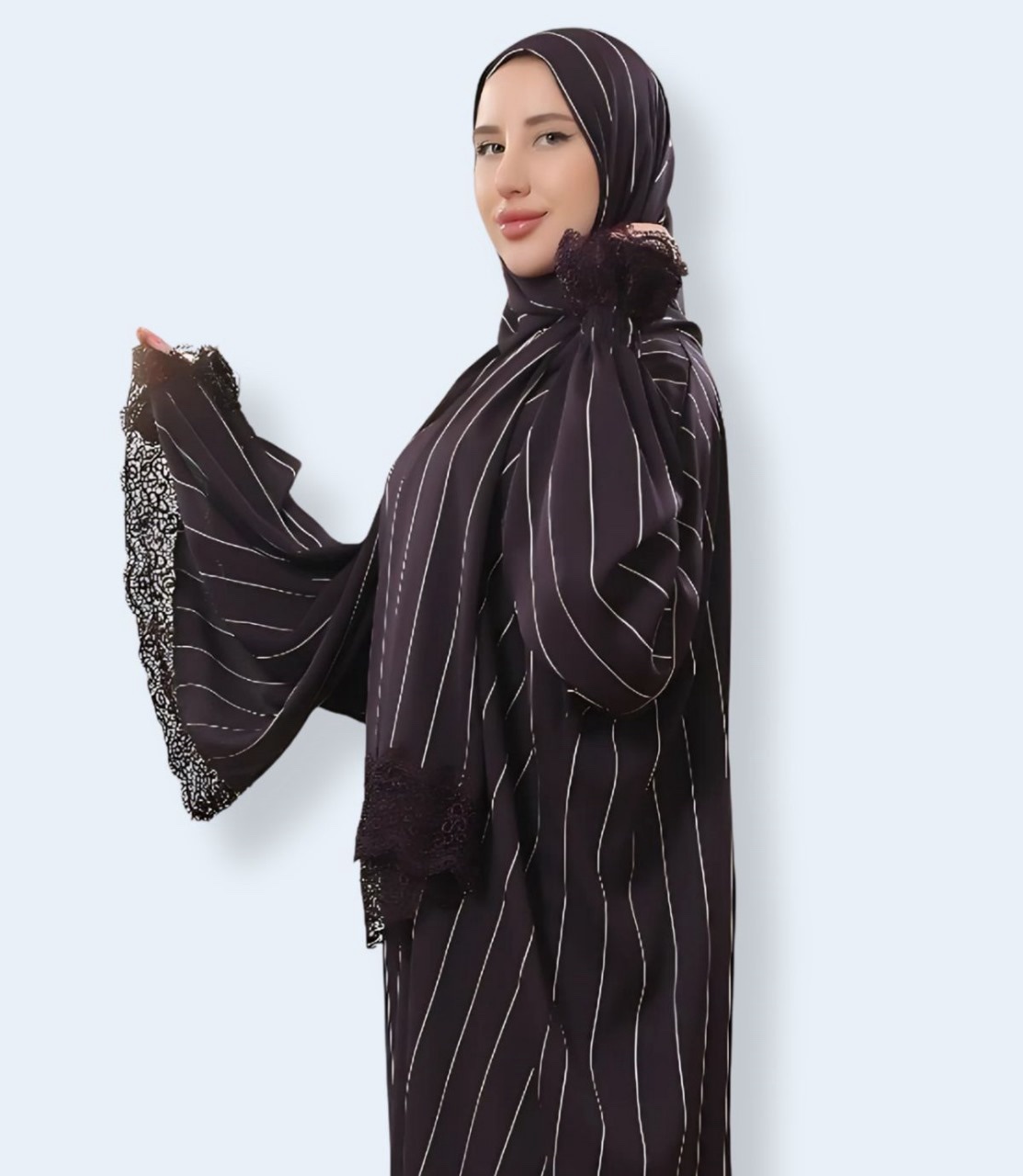 عباية مخططة مع تطريز دانتيل أنيق – عدة ألوان - الصورة 2